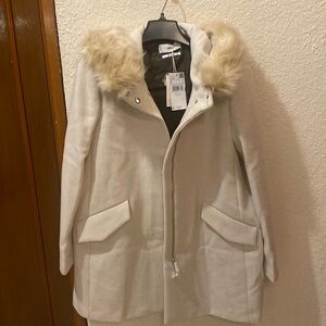 Mango - Cream/Ivory Hooded Coat with removable fur - Size M NWT